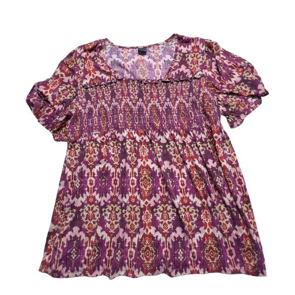 Faded Glory Blouse Women 4X(26-28W) Magenta Print Multicolor Square Neck Stretch - Picture 1 of 7